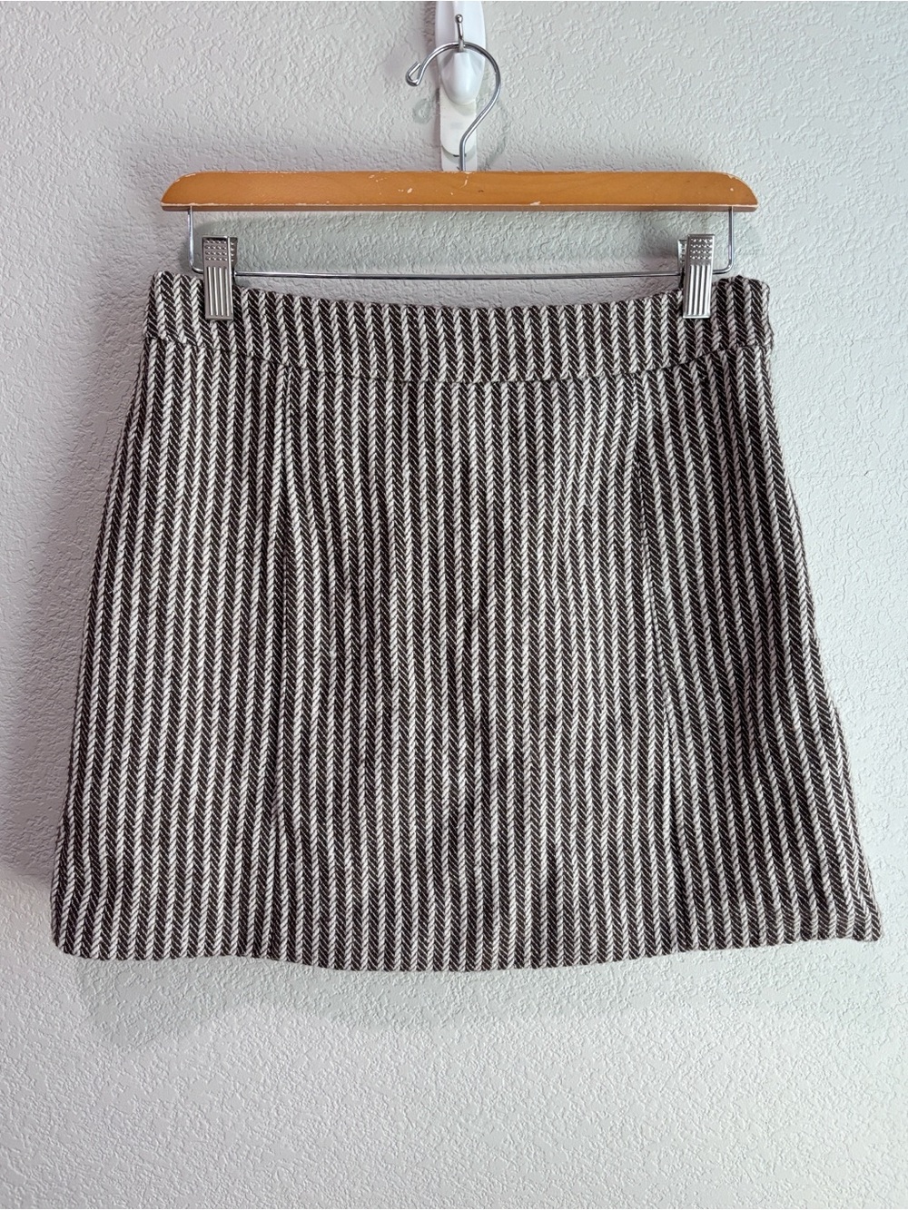 Camellia Wool Blend Mini Skirt in Neutral Brown Cream Striped Large